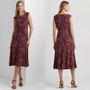 Lauren Ralph Lauren Black Label Paisley Print Twist Knot Boho Midi Dress Size 14